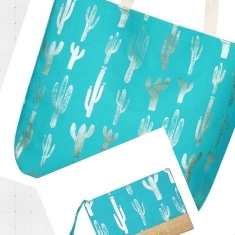 🆕2pc large tote & pouch turquoise/silver